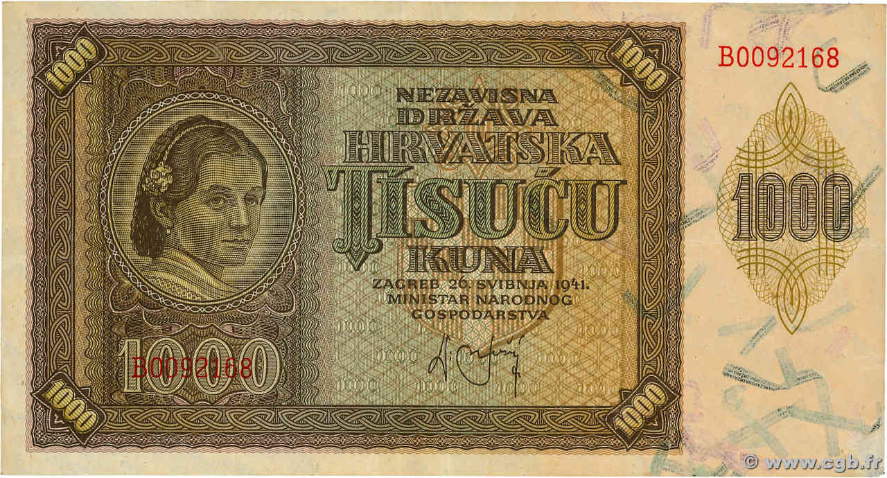1000 Kuna CROATIE  1941 P.04a TTB+
