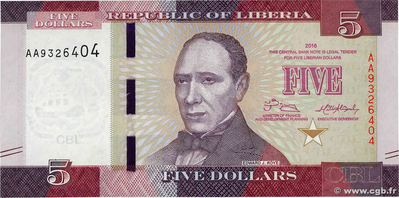 5 Dollars LIBERIA  2016 P.31 UNC
