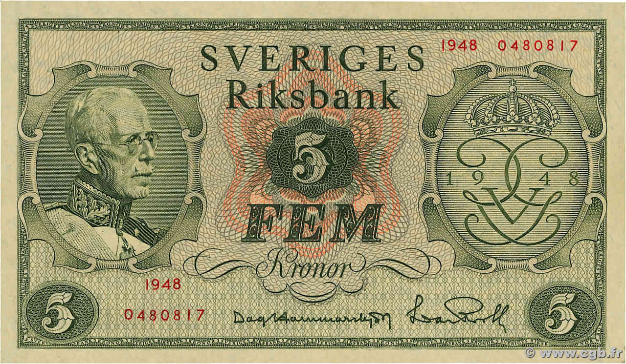 5 Kronor SWEDEN  1948 P.41a AU-