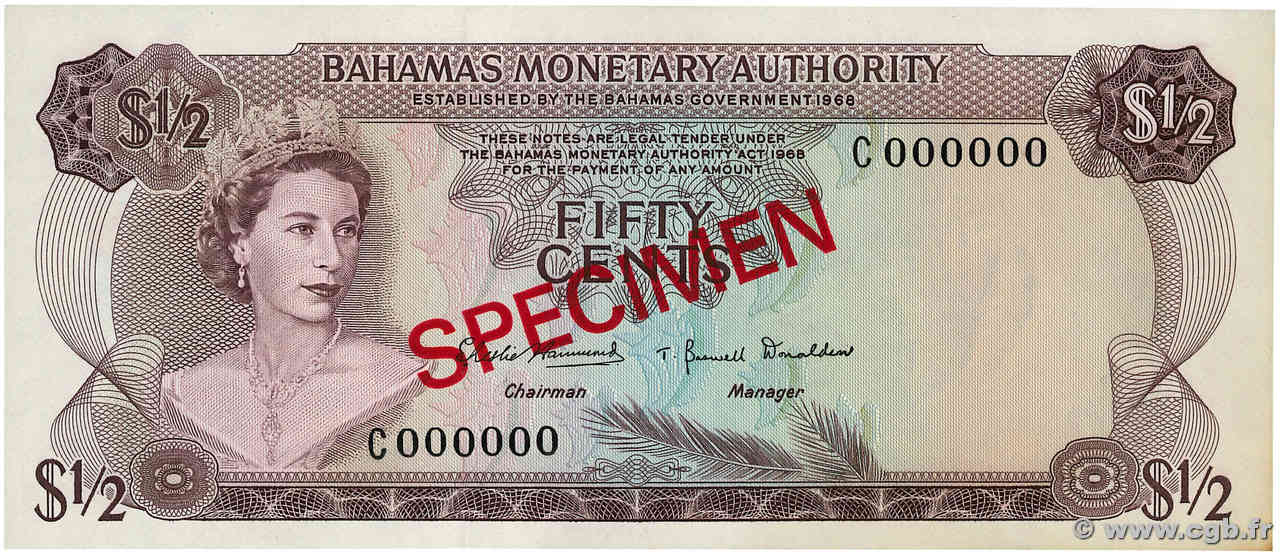 50 Cents Spécimen BAHAMAS  1968 P.26s SC+