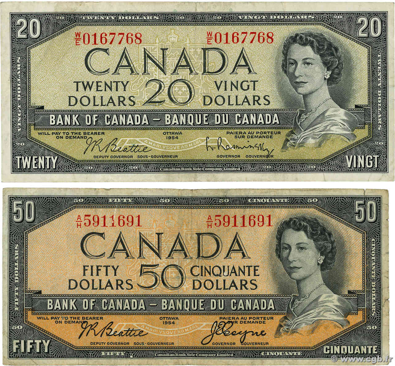 20 et 50 Dollars Lot CANADA  1954 P.080b et P.081a MB