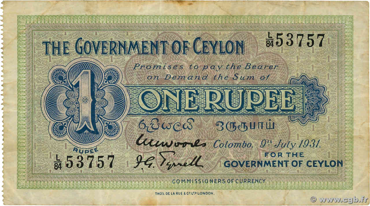 1 Rupee CEYLON  1931 P.016b fSS