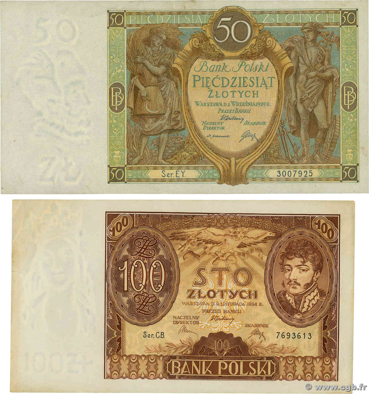 50 et 100 Zlotych Lot POLAND  1929 P.071 et P.075a VF - XF