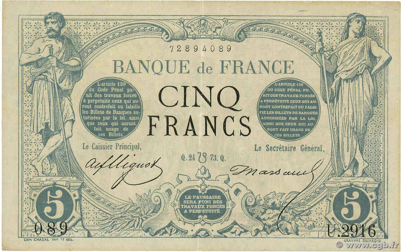 5 Francs NOIR FRANKREICH  1873 F.01.20 fVZ