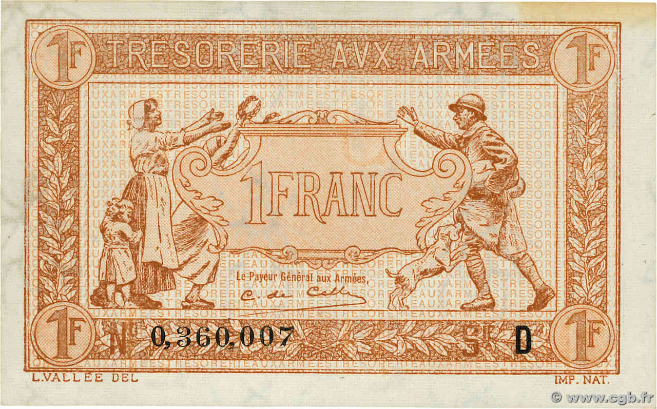 1 Franc TRÉSORERIE AUX ARMÉES 1917 FRANCE  1917 VF.03.04 pr.SPL