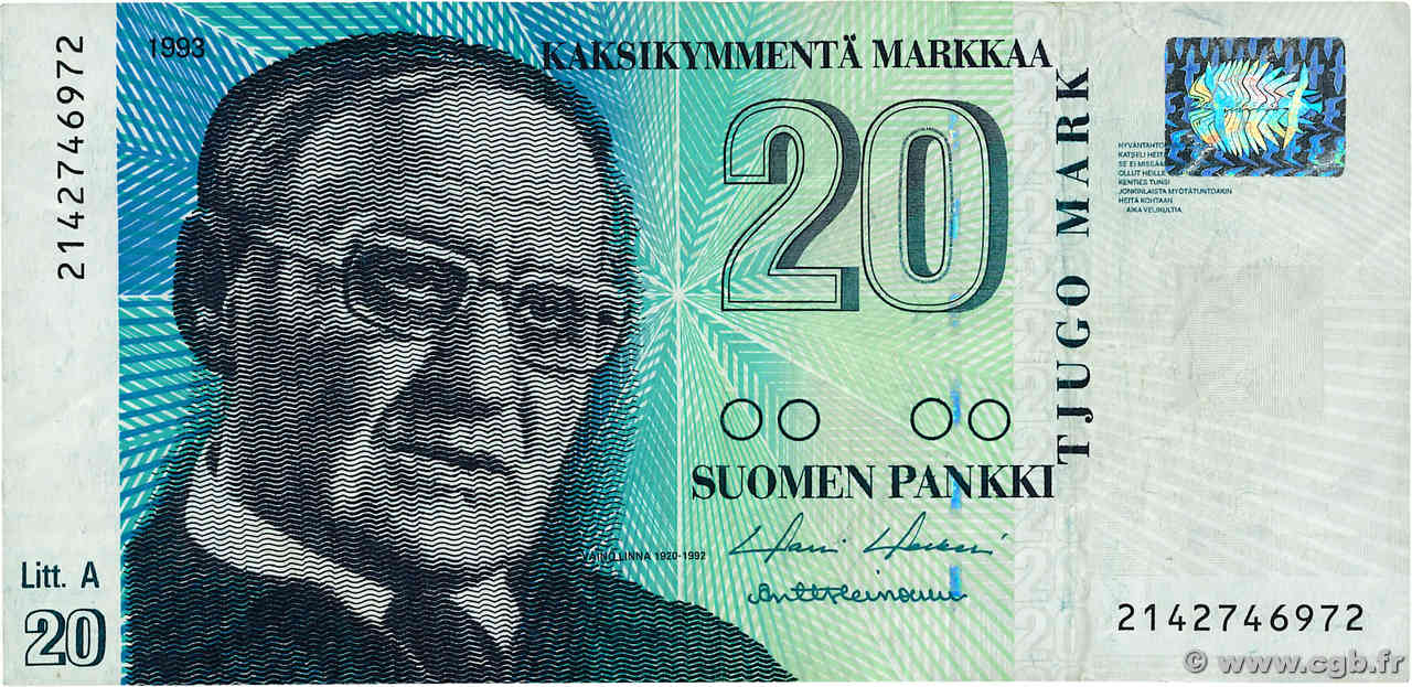 20 Markkaa FINLAND  1993 P.123 F+