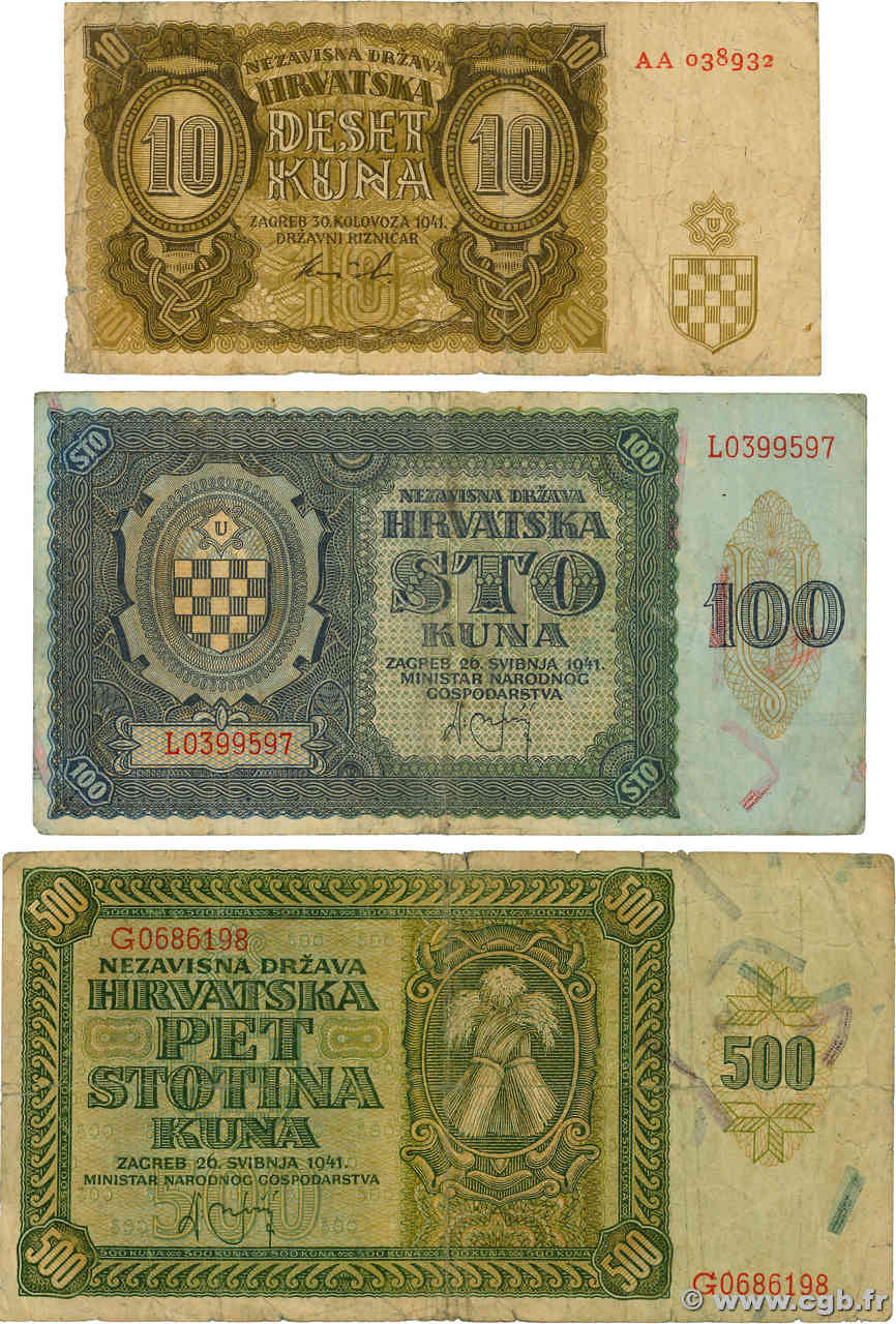 10 à 500 Kuna Lot CROACIA  1941 P.02a, P.03 et P.05b RC+