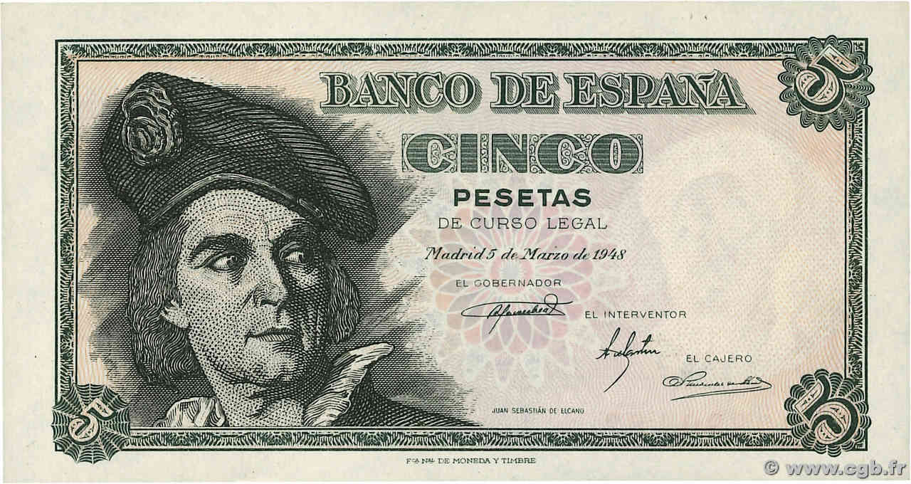 5 Pesetas ESPAGNE  1948 P.136a NEUF