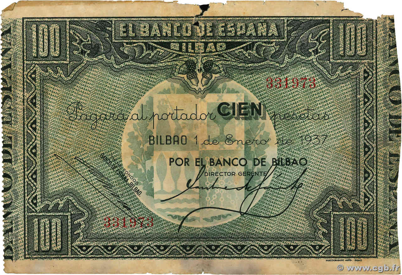 100 Pesetas ESPAGNE Bilbao 1937 PS.565a B+