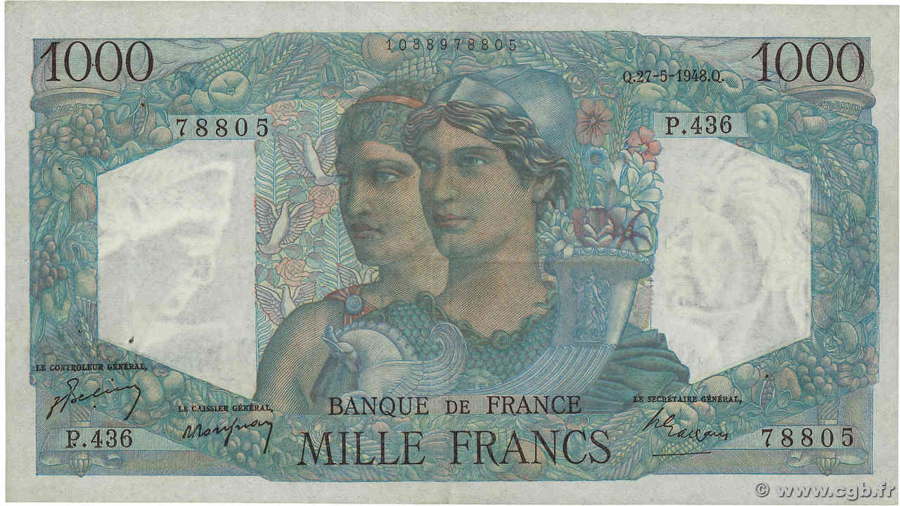 1000 Francs MINERVE ET HERCULE FRANCE  1948 F.41.21 TTB+
