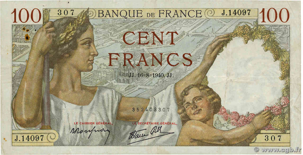 100 Francs SULLY FRANCE  1940 F.26.36 TB+
