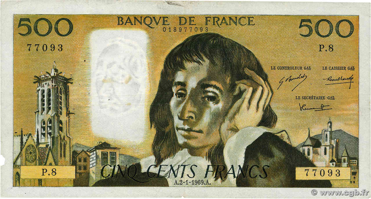 500 Francs PASCAL FRANCE  1969 F.71.03 TB
