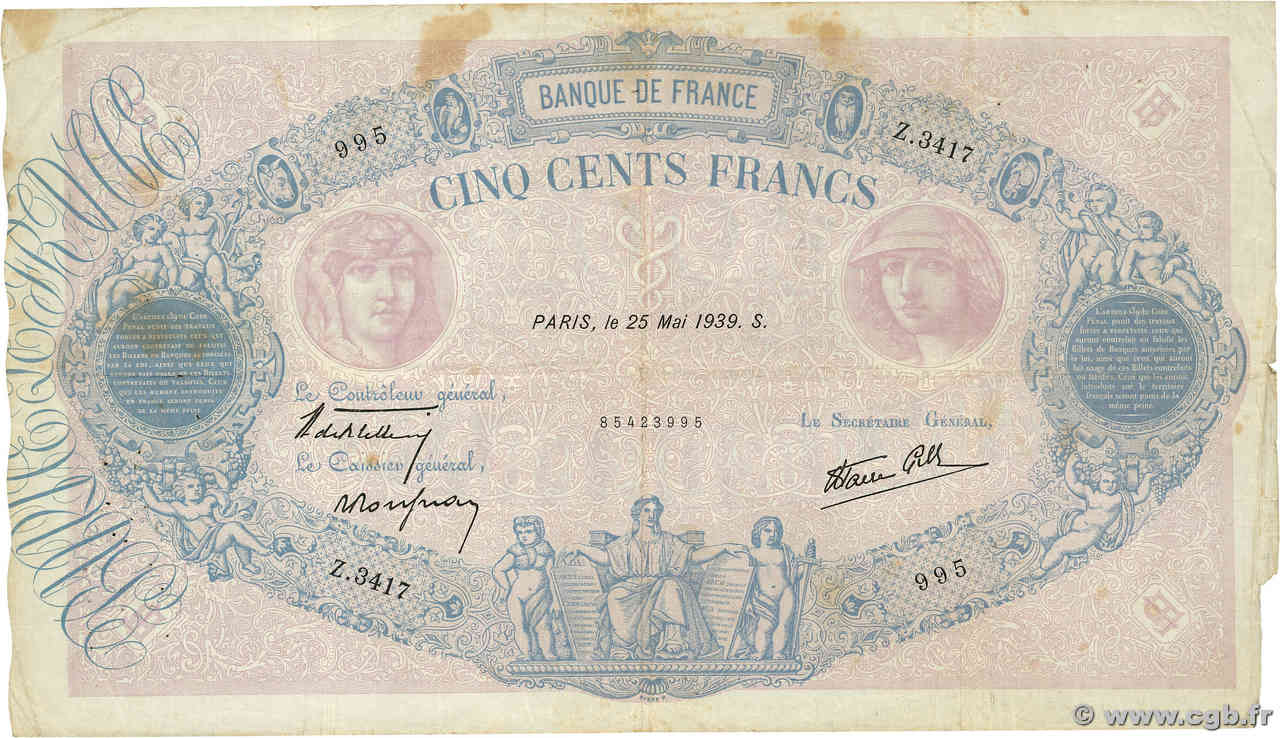 500 Francs BLEU ET ROSE modifié FRANCE  1939 F.31.33 B+