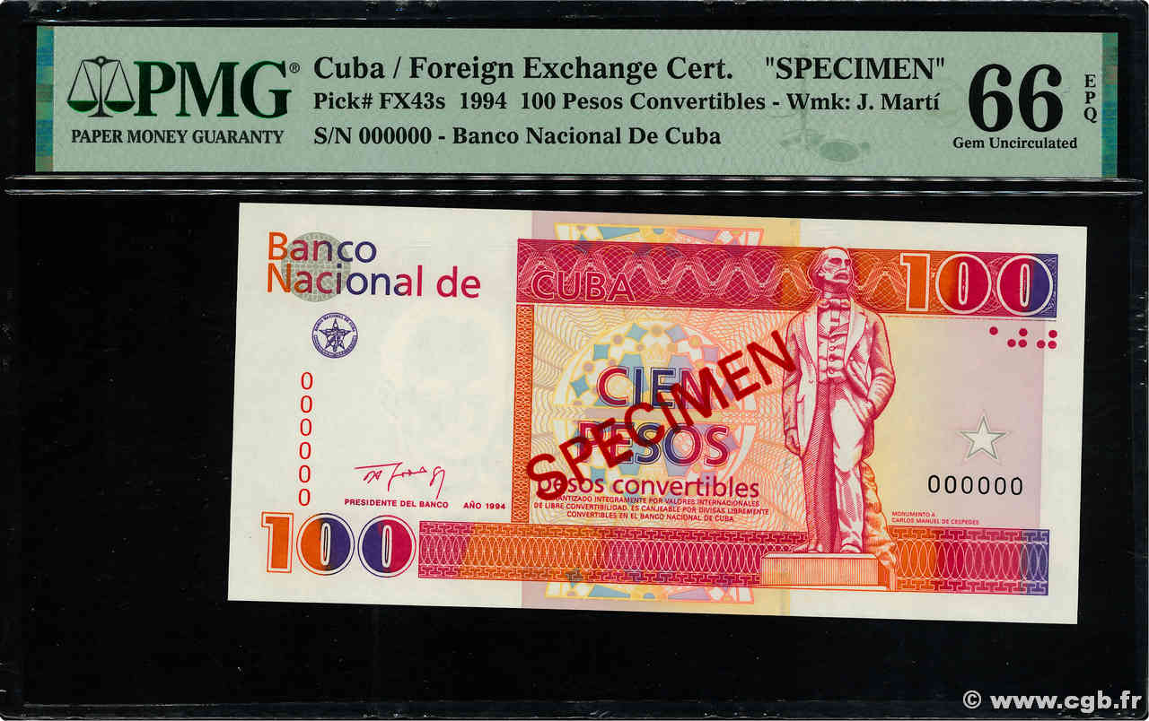 100 Pesos convertibles Spécimen CUBA  1994 P.FX43s NEUF