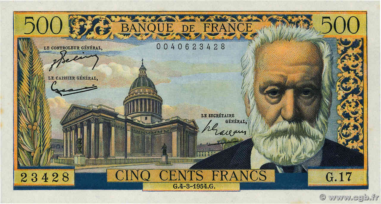 500 Francs VICTOR HUGO FRANKREICH  1954 F.35.02 fST