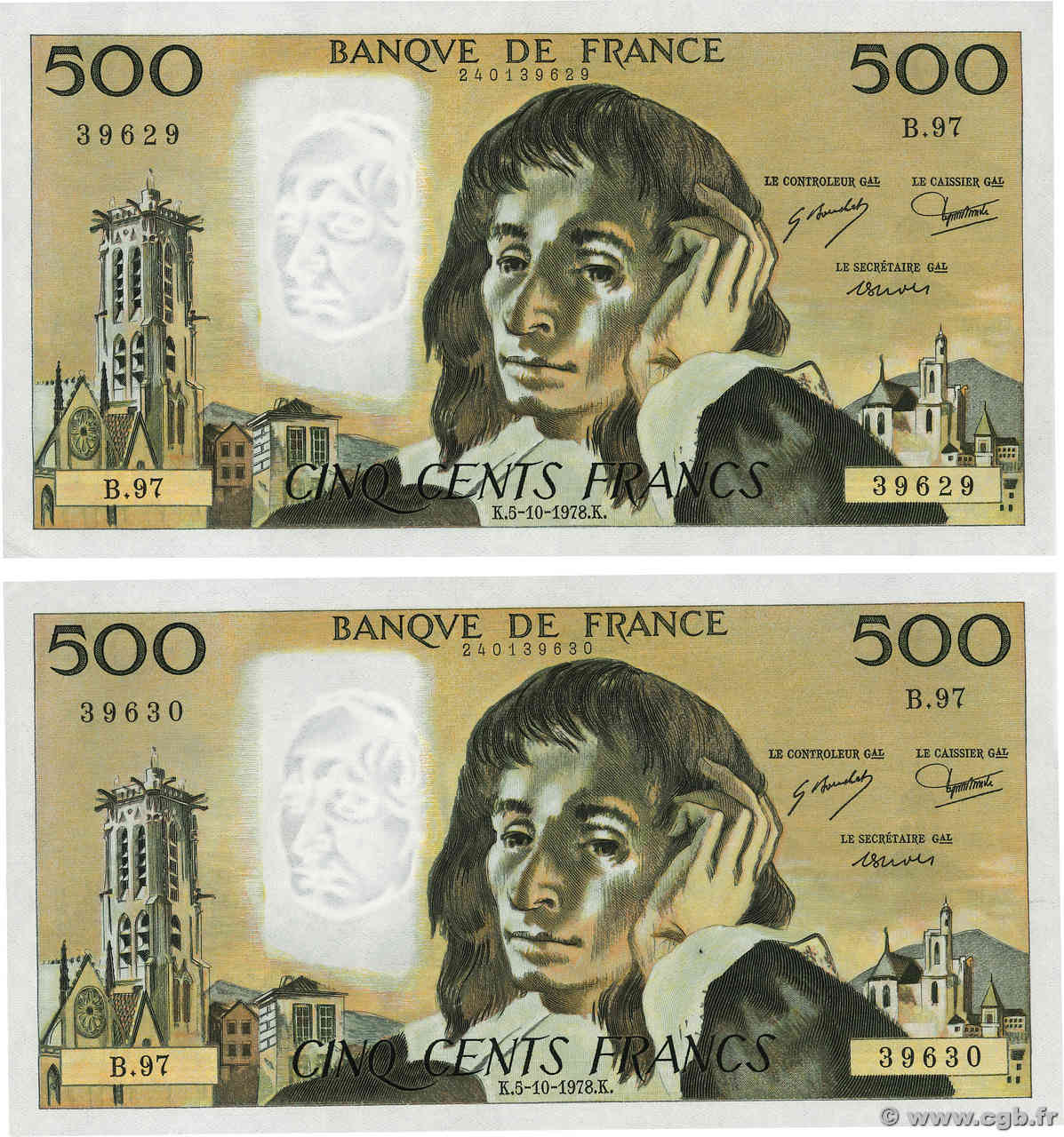 500 Francs PASCAL Consécutifs FRANCE  1978 F.71.18 AU