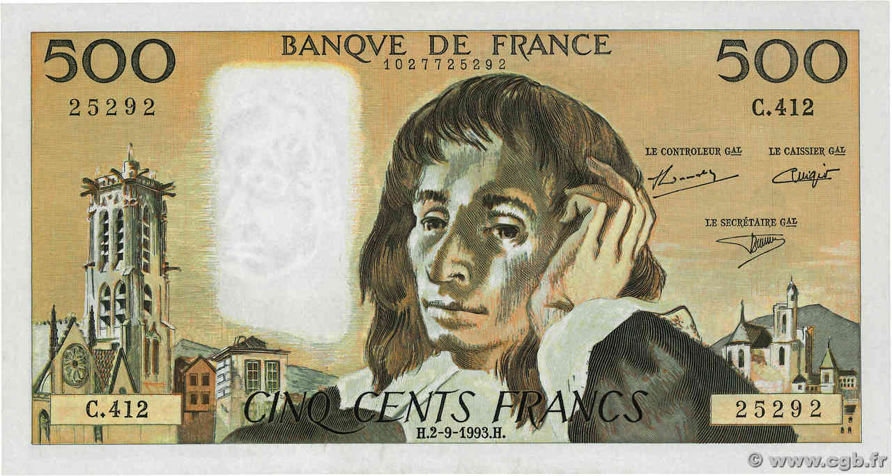 500 Francs PASCAL FRANCIA  1993 F.71.52-412 q.FDC