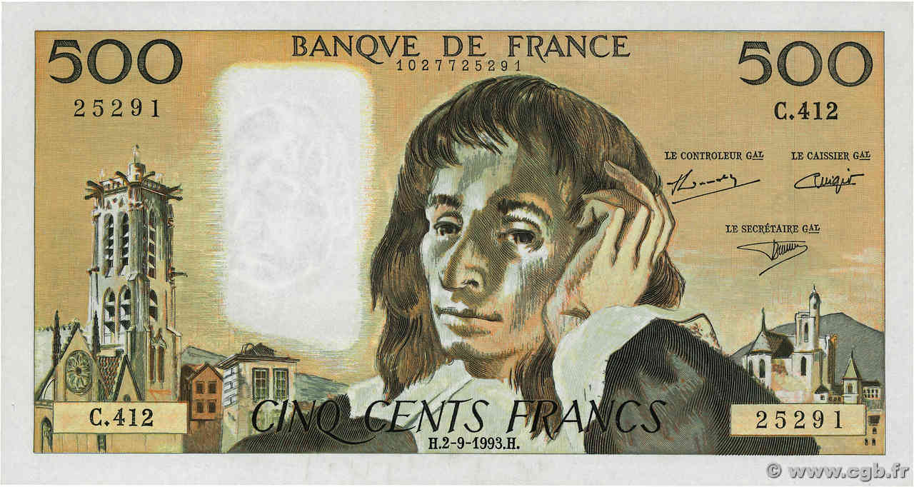 500 Francs PASCAL FRANCIA  1993 F.71.52-412 SC+