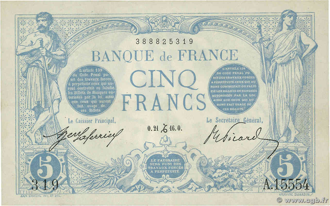 5 Francs BLEU FRANKREICH  1916 F.02.46 fVZ