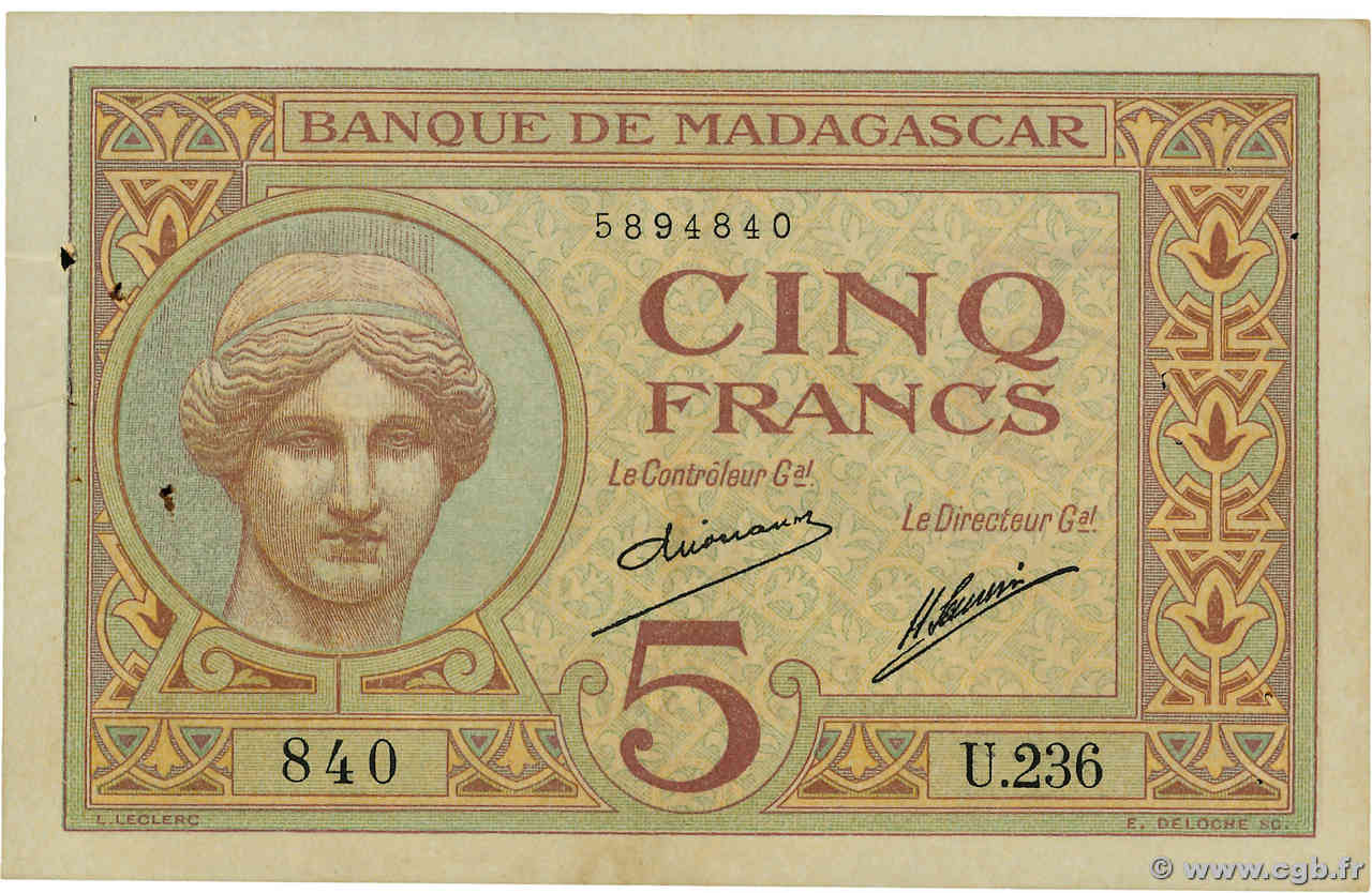 5 Francs MADAGASKAR  1937 P.035 SS