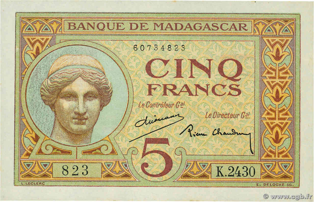 5 Francs MADAGASKAR  1937 P.035 fST+