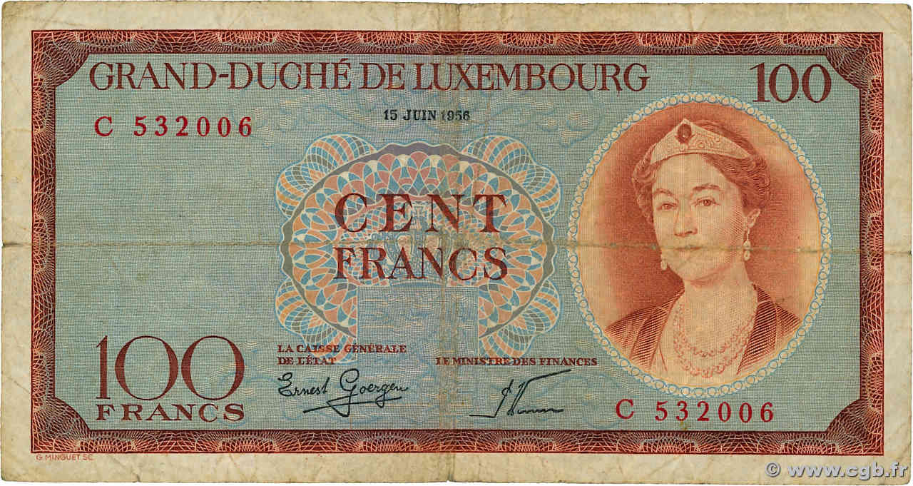 100 Francs LUSSEMBURGO  1956 P.50a q.MB