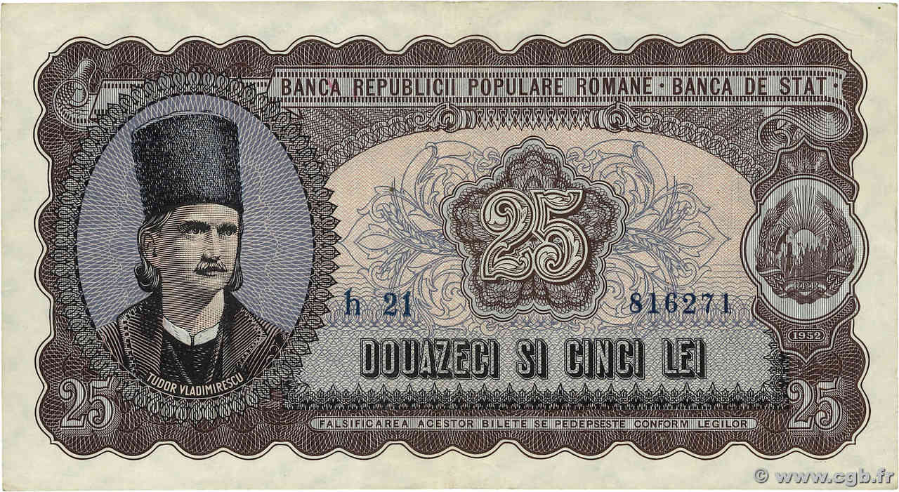 25 Lei ROUMANIE  1952 P.089b TTB