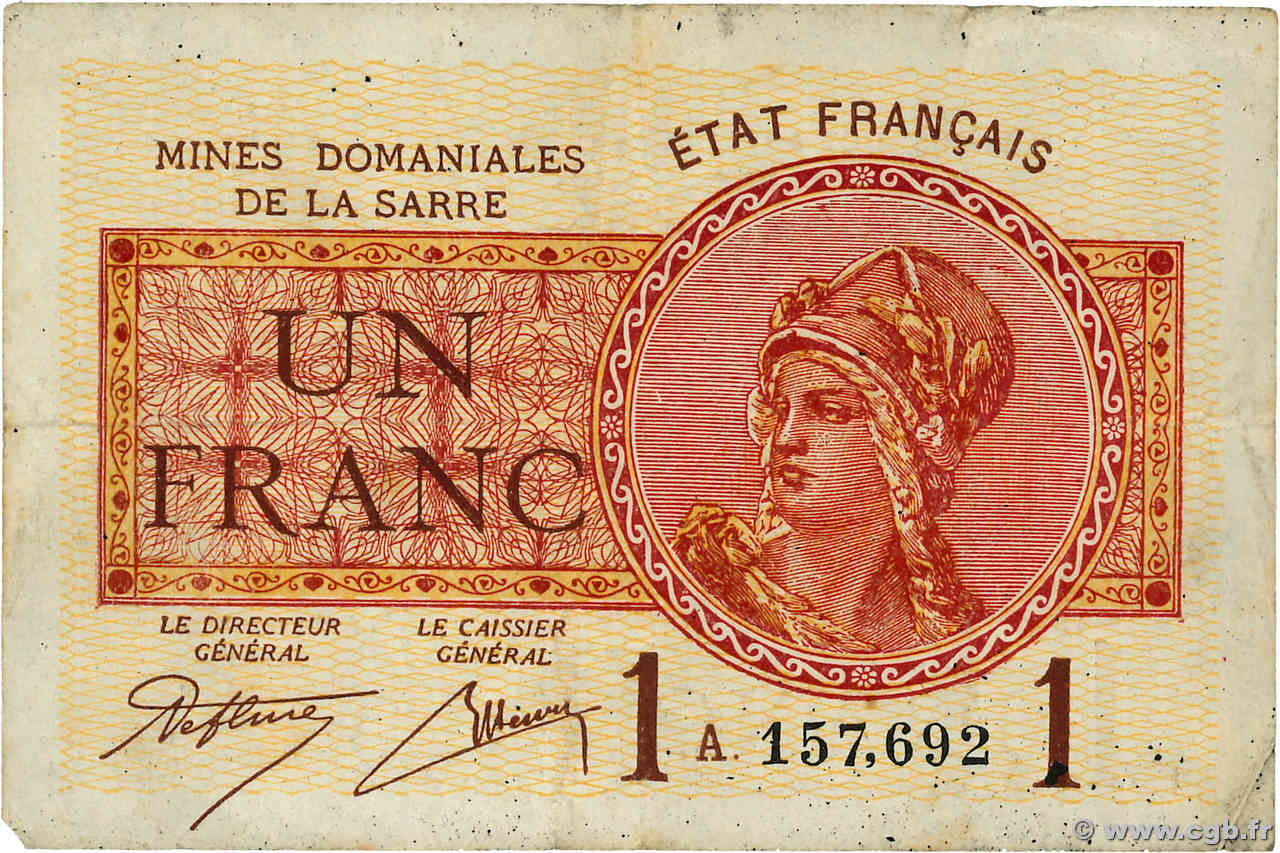 1 Franc MINES DOMANIALES DE LA SARRE FRANCE  1920 VF.51.01 TB