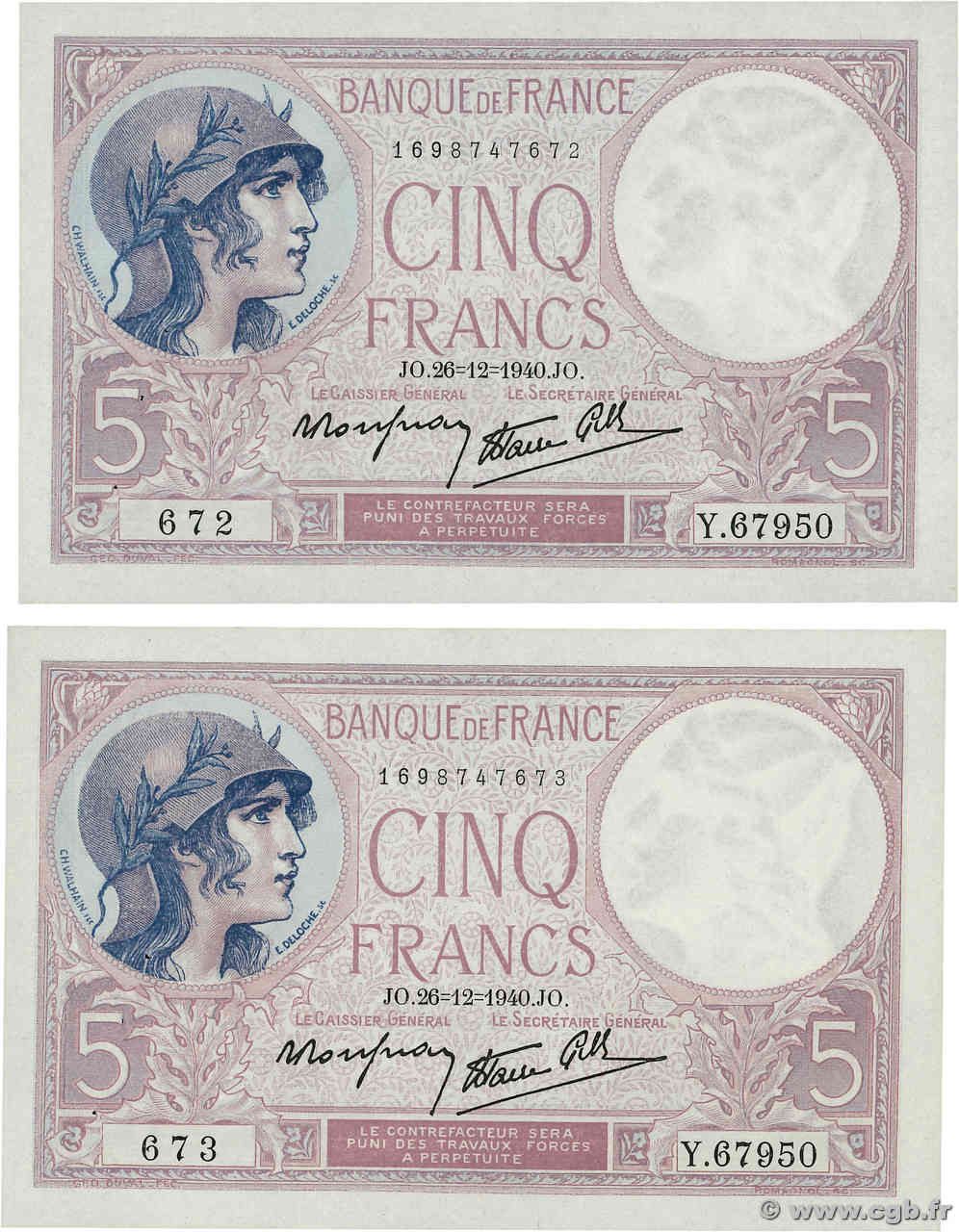 5 Francs FEMME CASQUÉE modifié Consécutifs FRANCE  1940 F.04.18 XF