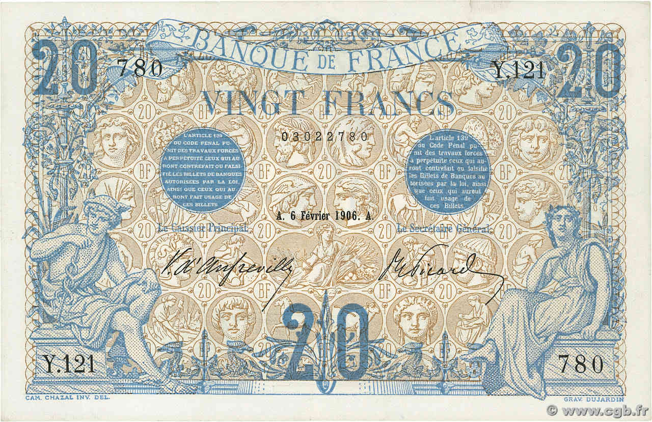 20 Francs BLEU FRANCE  1906 F.10.01 XF