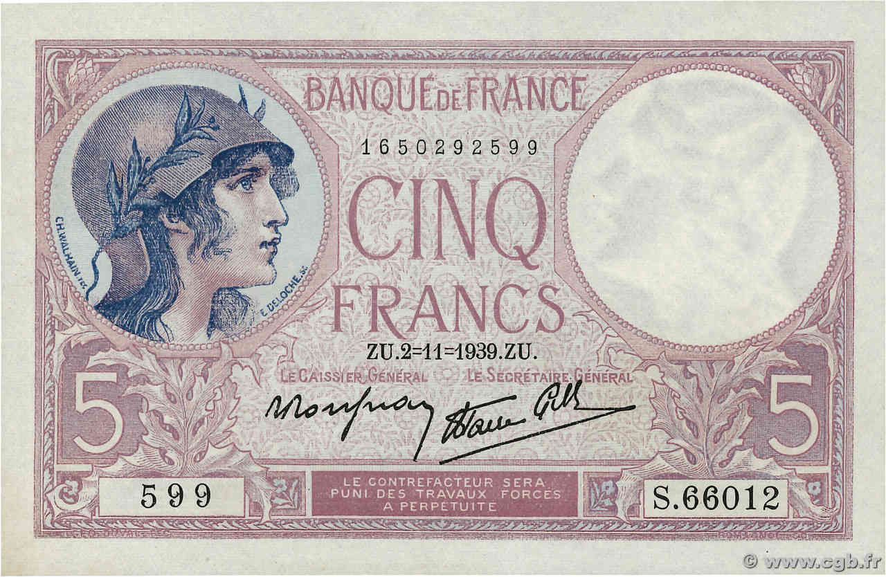 5 Francs FEMME CASQUÉE modifié FRANKREICH  1939 F.04.14 fST+