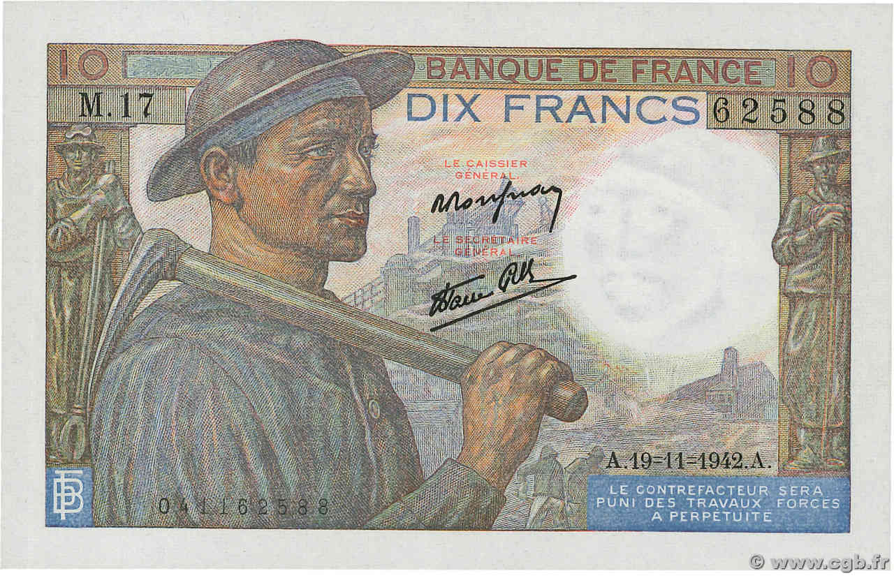 10 Francs MINEUR FRANKREICH  1942 F.08.05 fST+