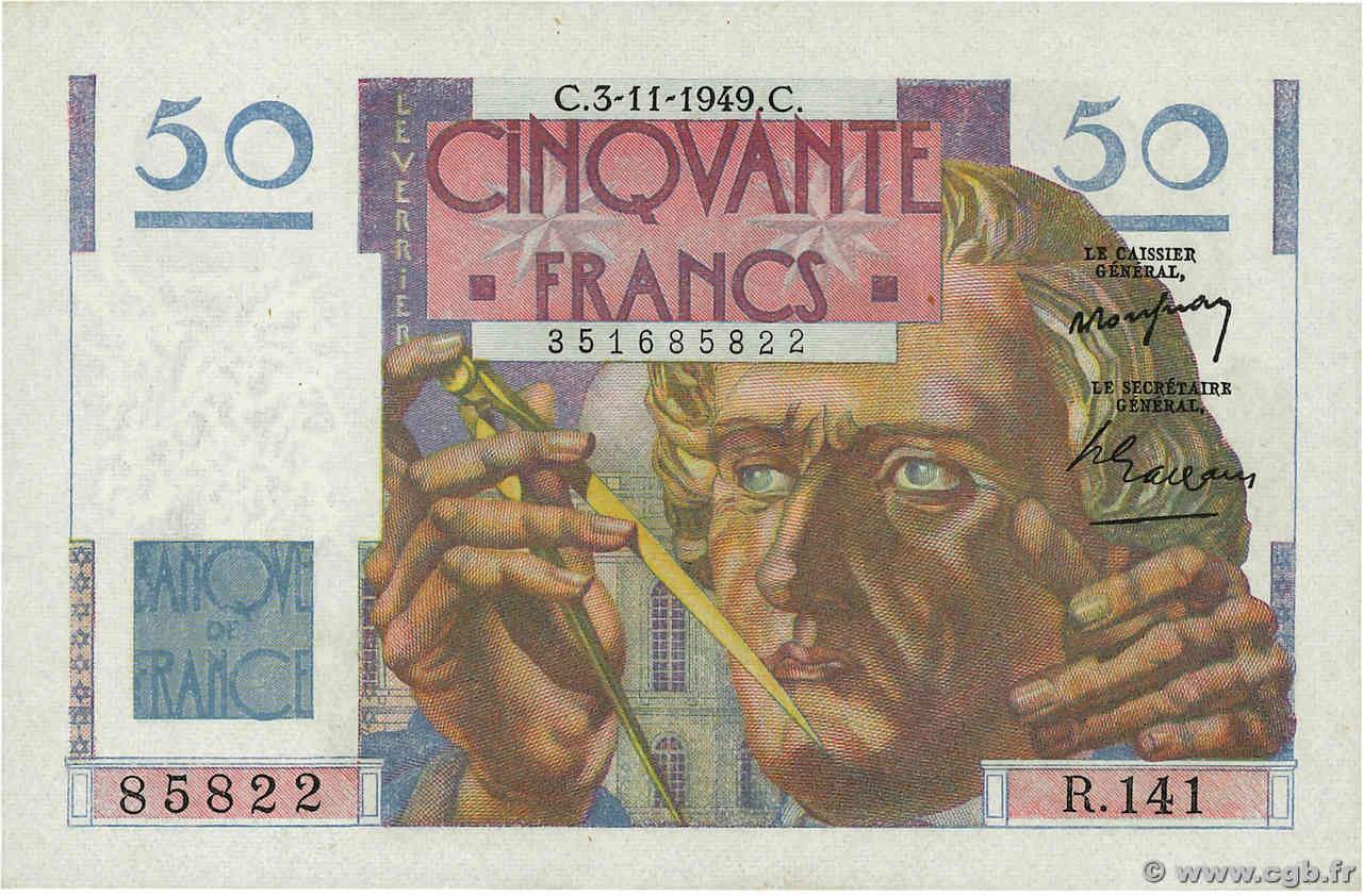 50 Francs LE VERRIER FRANCIA  1949 F.20.13 q.FDC