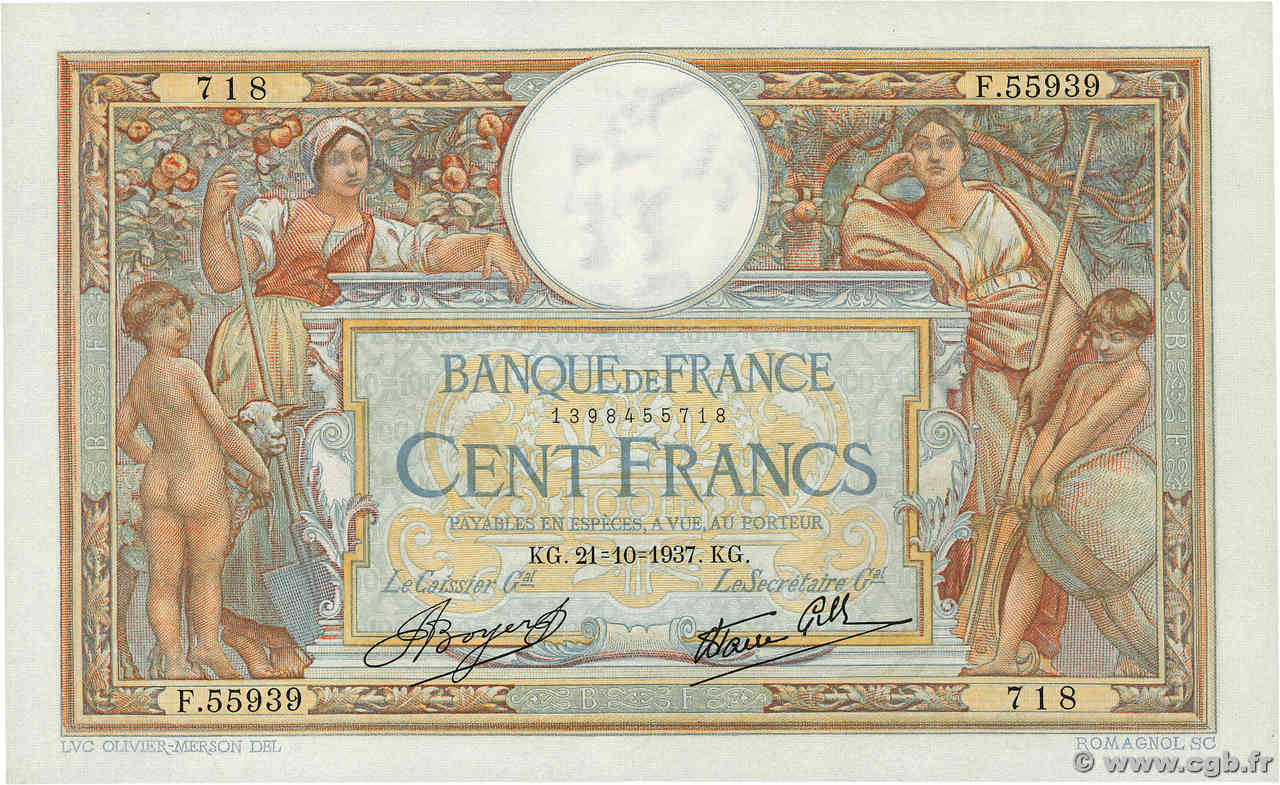 100 Francs LUC OLIVIER MERSON type modifié FRANCE  1937 F.25.03 SUP+