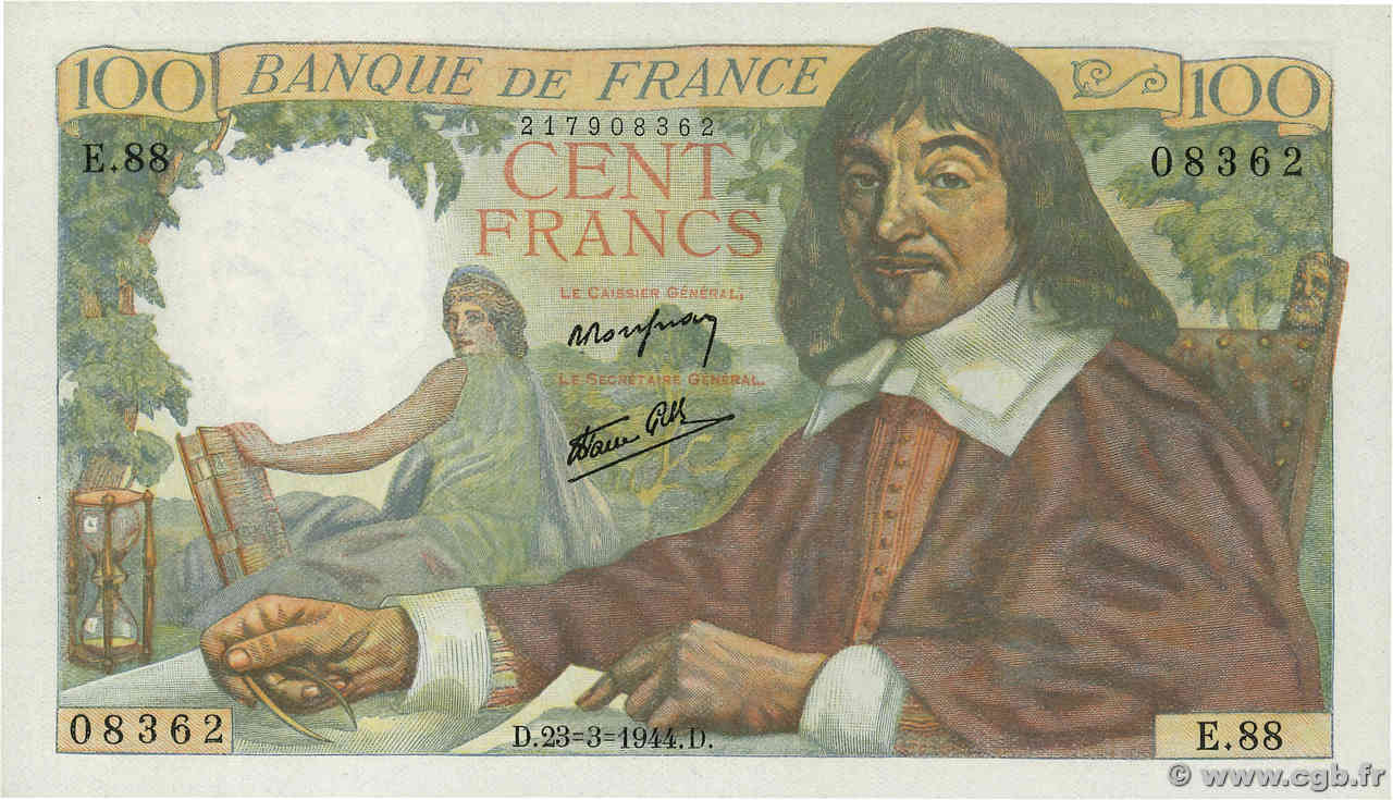 100 Francs DESCARTES FRANCE  1944 F.27.05 UNC