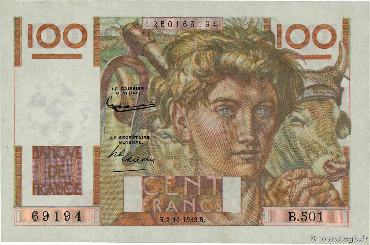 100 Francs JEUNE PAYSAN filigrane inversé FRANCIA  1952 F.28bis.01 AU