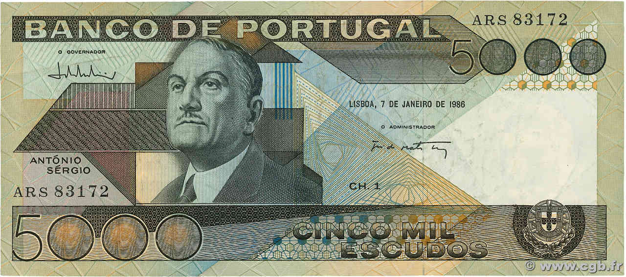 5000 Escudos PORTUGAL  1986 P.182e TTB+