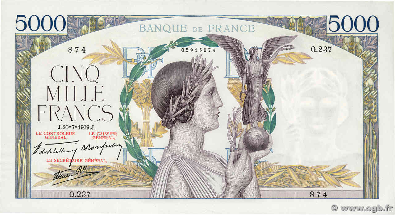 5000 Francs VICTOIRE Impression à plat FRANCE  1939 F.46.08 SPL