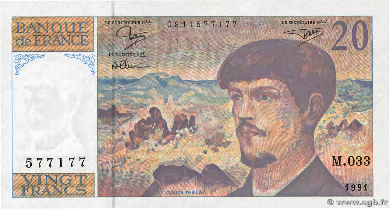 20 Francs DEBUSSY à fil de sécurité FRANCIA  1991 F.66bis.02 q.FDC