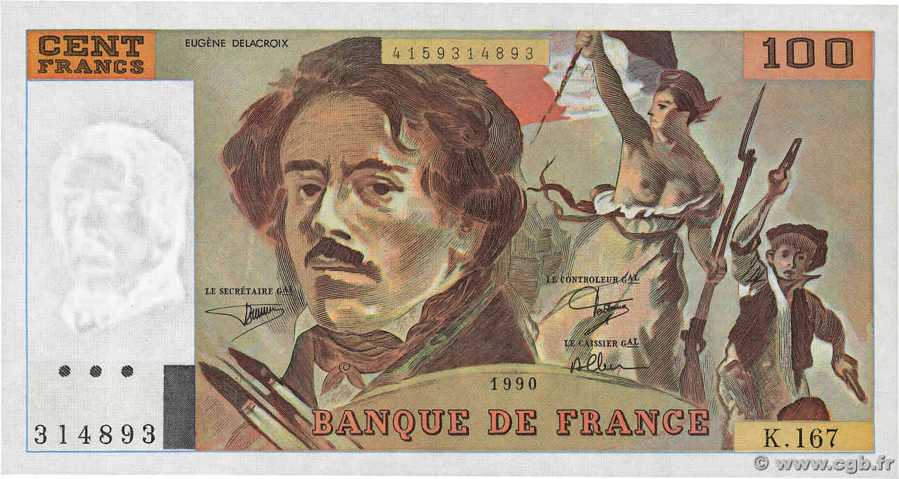 100 Francs DELACROIX imprimé en continu FRANCE  1990 F.69bis.02b AU+