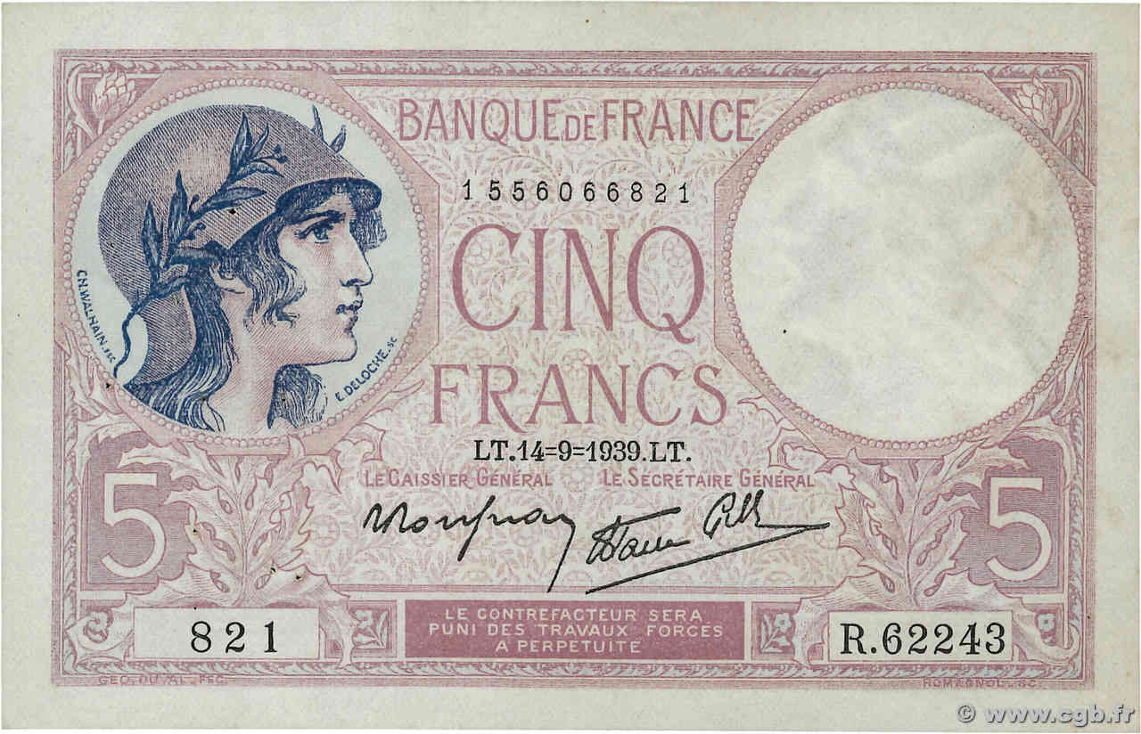 5 Francs FEMME CASQUÉE modifié FRANKREICH  1939 F.04.08 SS