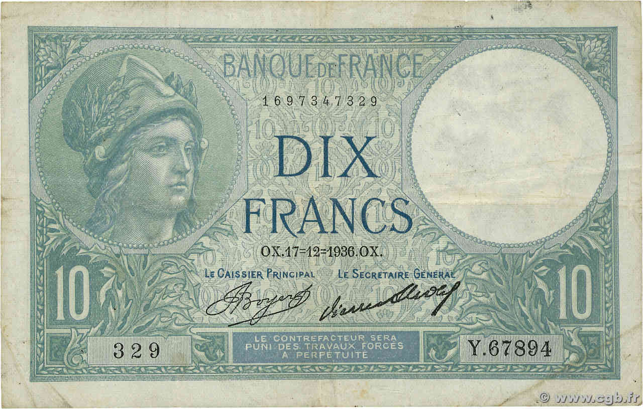 10 Francs MINERVE FRANCE  1936 F.06.17 TB+