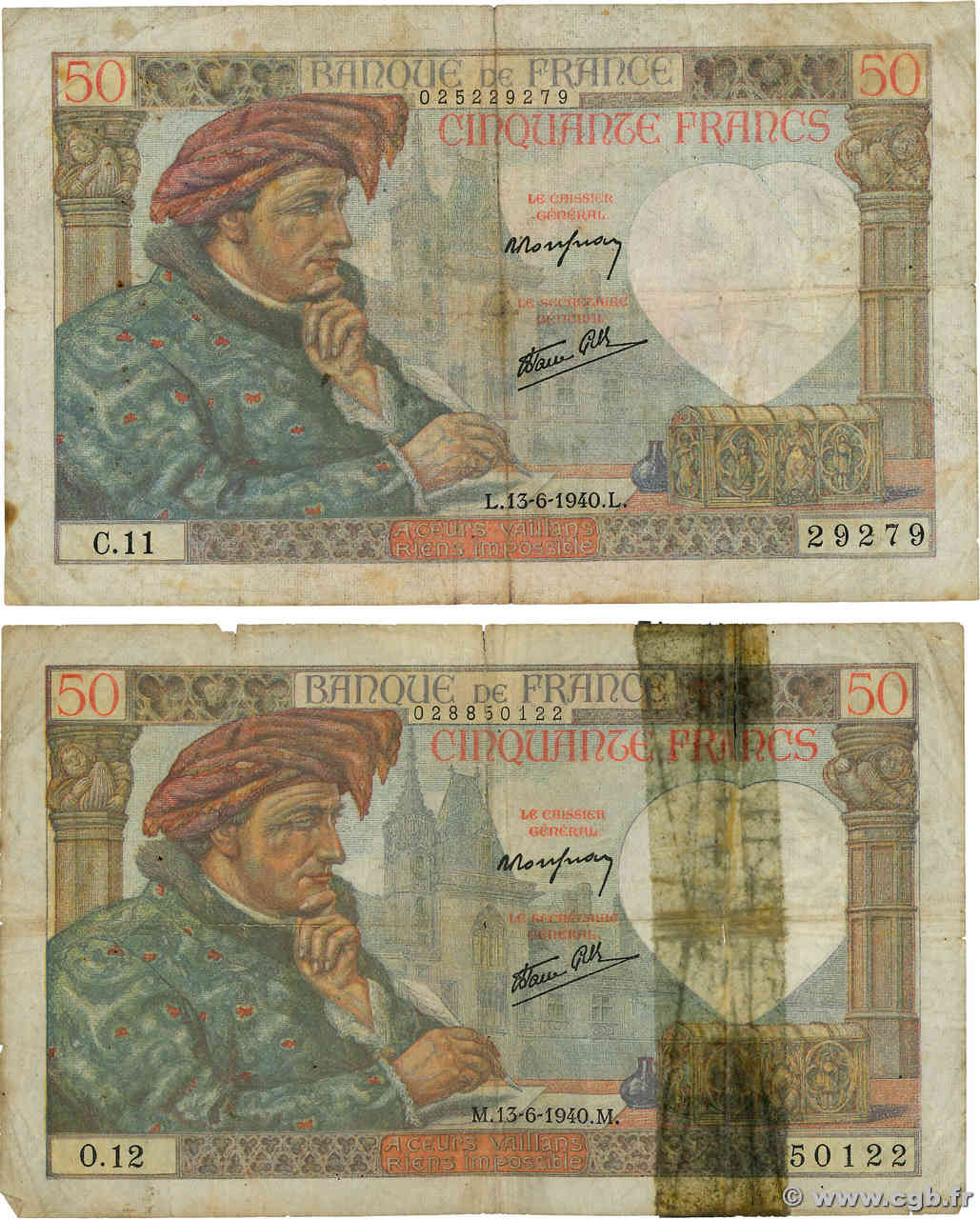 50 Francs JACQUES CŒUR Lot FRANCIA  1940 F.19.01 q.MB