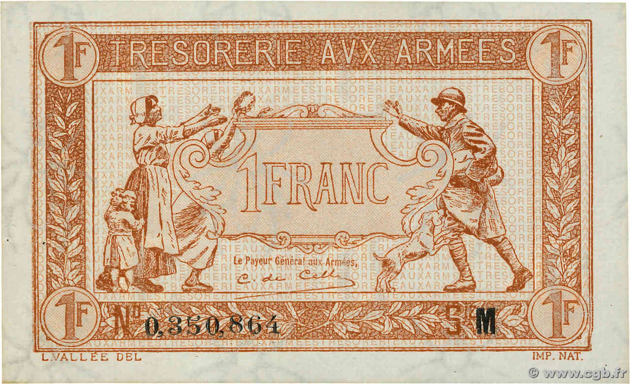 1 Franc TRÉSORERIE AUX ARMÉES 1917 FRANCE  1917 VF.03.13 SUP+