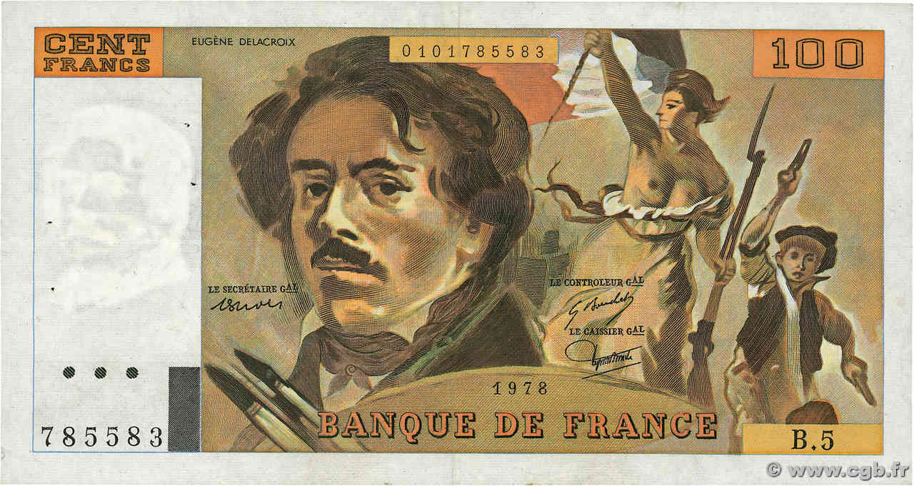 100 Francs DELACROIX modifié FRANCE  1978 F.69.01d VF