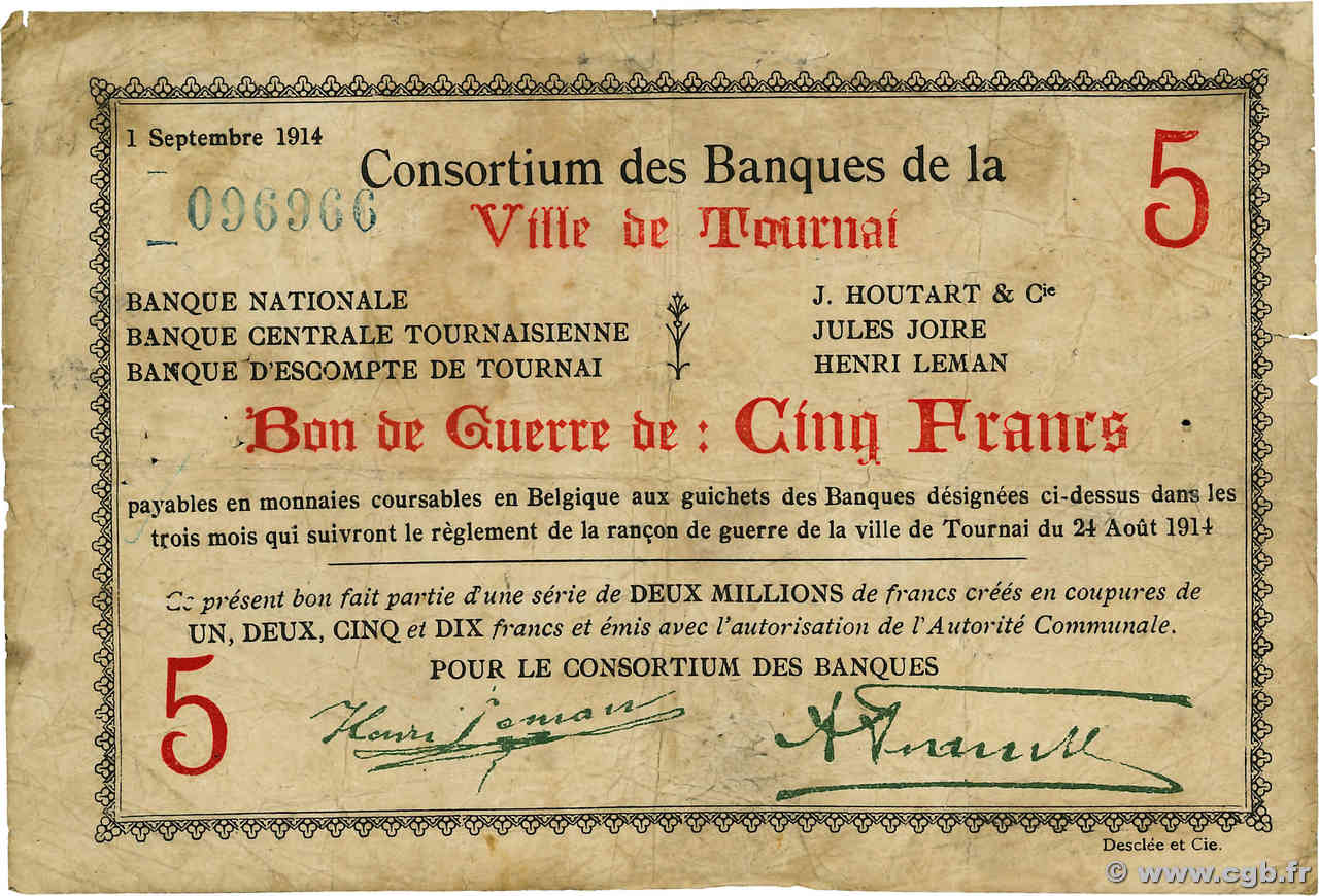 5 Francs BELGIEN Tournai 1914 P.- SGE