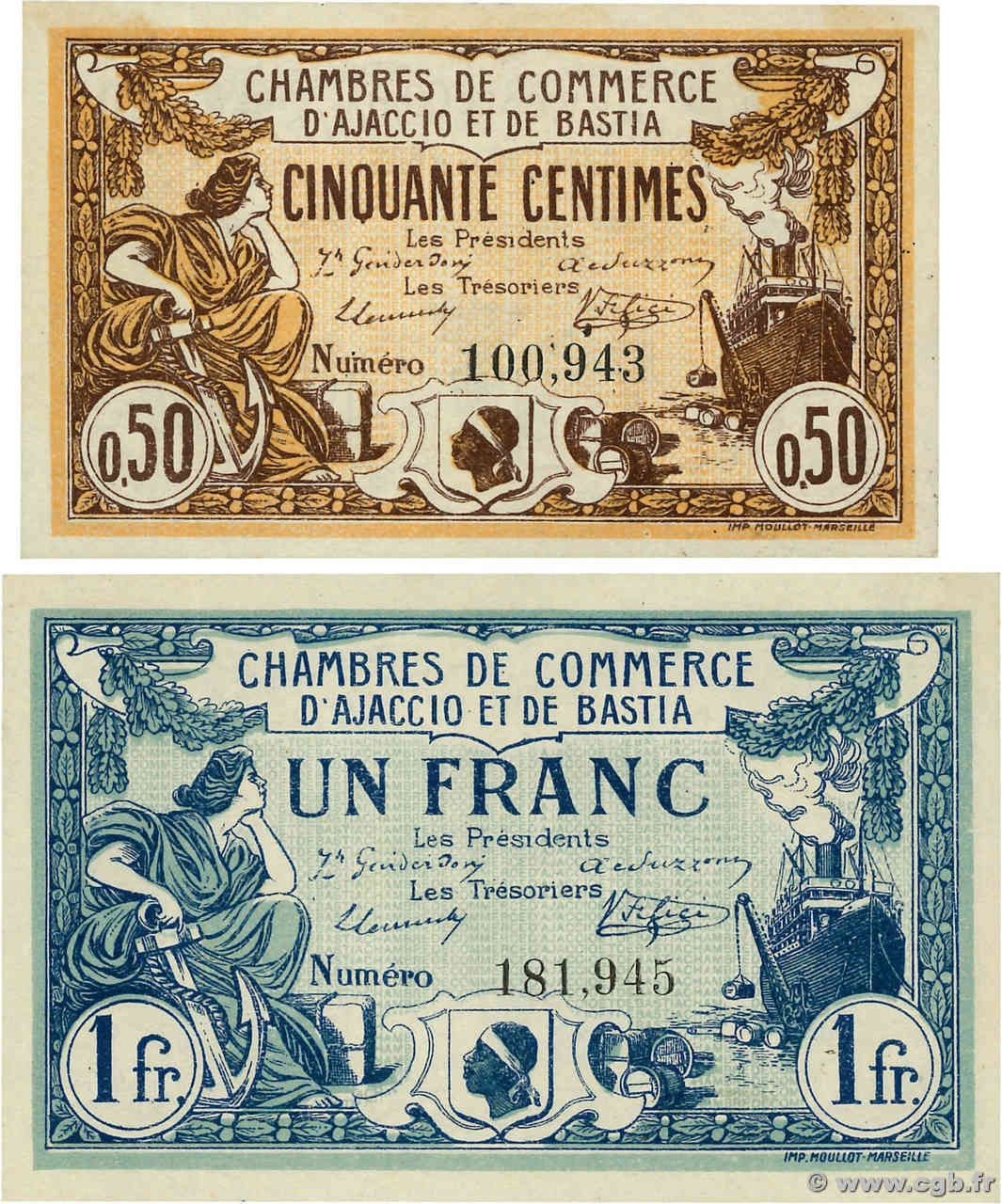 50 Centimes et 1 Franc Lot FRANCE regionalismo y varios Ajaccio et Bastia 1915 JP.003.01 et 02 SC