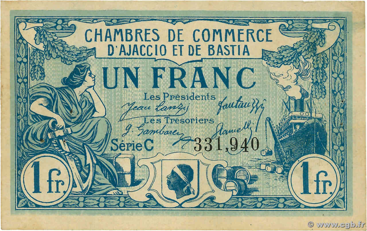 1 Franc FRANCE regionalismo y varios Ajaccio et Bastia 1920 JP.003.09 MBC+