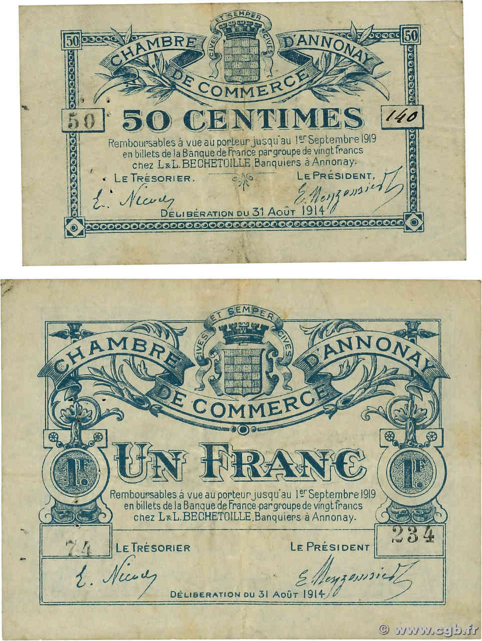 50 Centimes et 1 Franc Lot FRANCE régionalisme et divers Annonay 1914 JP.011.01 et 08 TB+