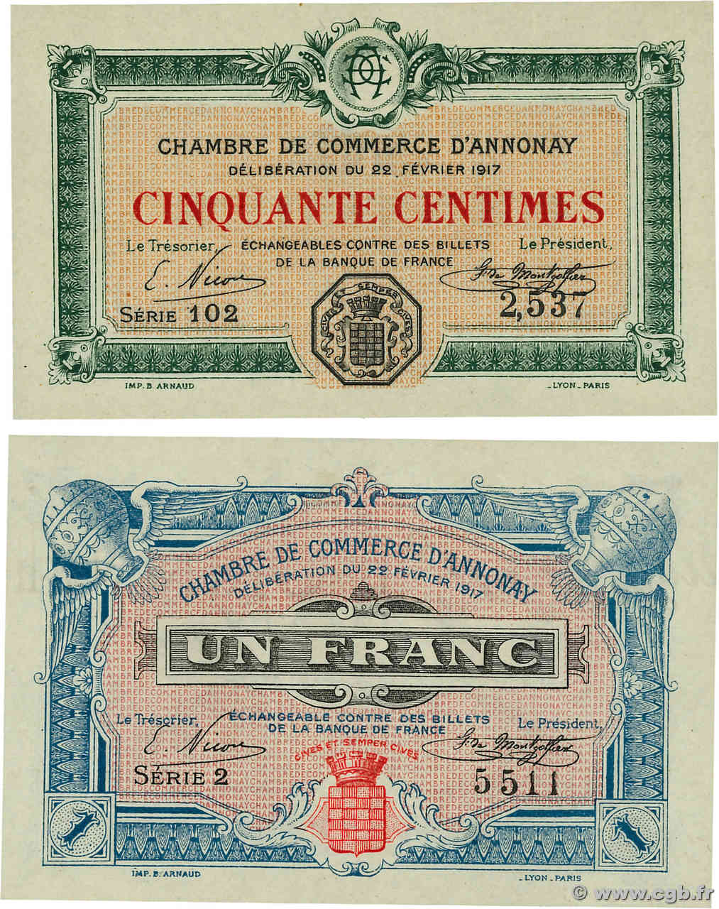 50 Centimes et 1 Franc Lot FRANCE regionalism and miscellaneous Annonay 1917 JP.011.09 et 12 AU